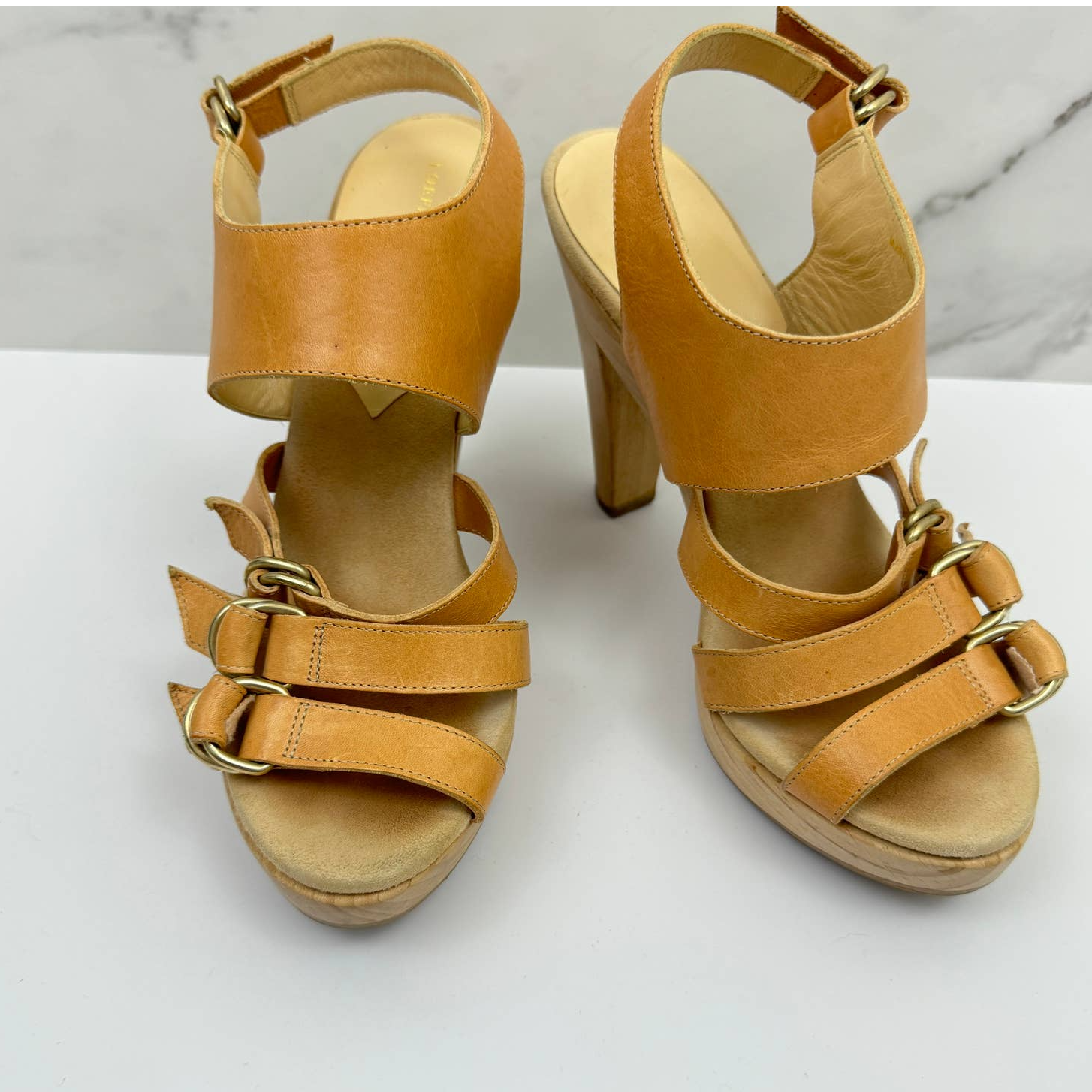 Loeffler Randall Women's Leather Platform Gla Sttappy Wood Sandals Nude Size 7.5
